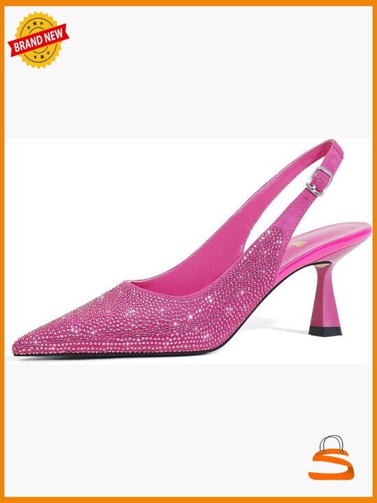 Shoes - Rhinestone Pointed Toe Kitten Heel Slingback Pumps Closed Toe Sparkly Dress